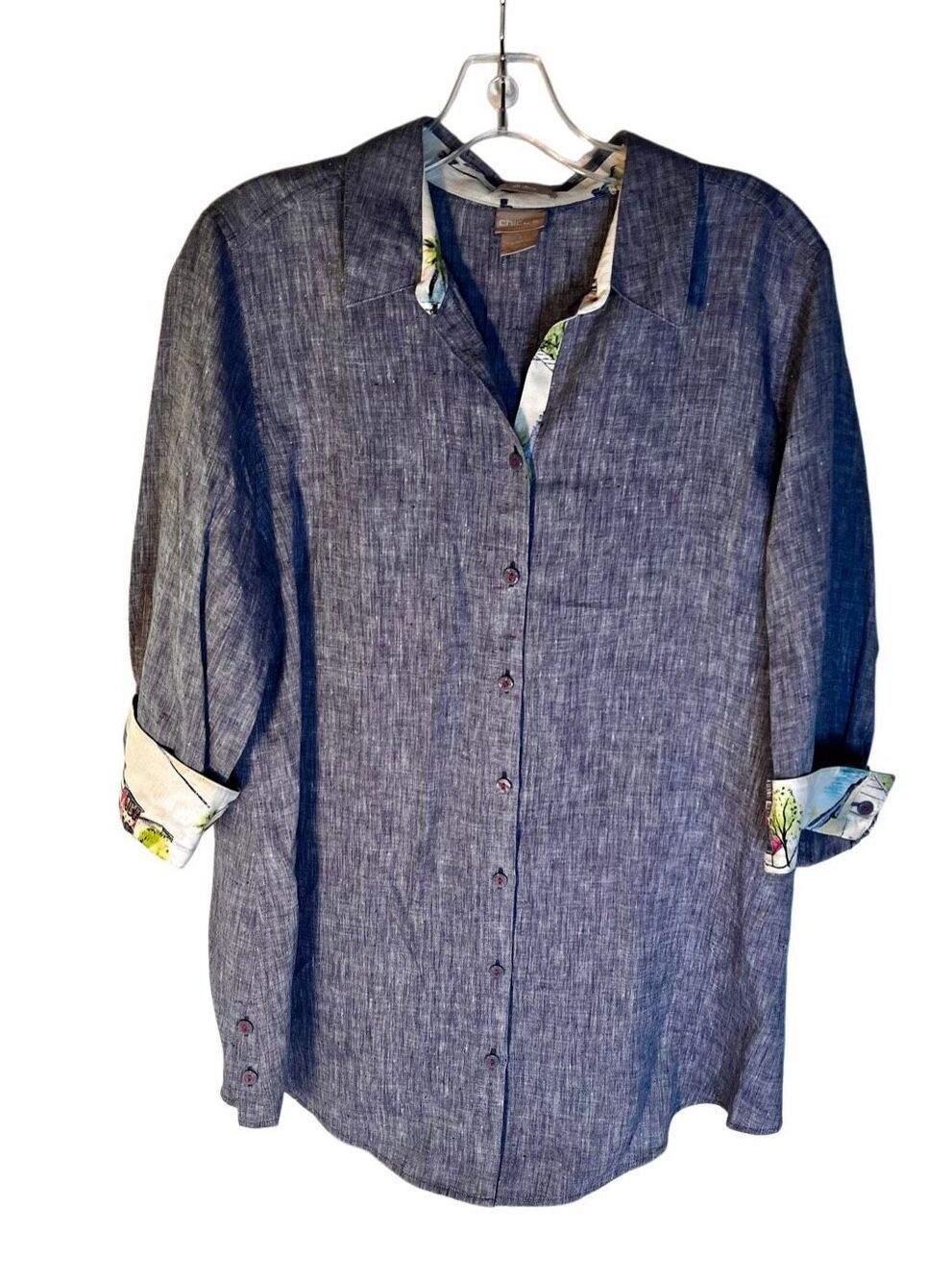 Chicos Chambray Shirt Top Womens 1 M Linen No Iron Flip Cuff Side Button